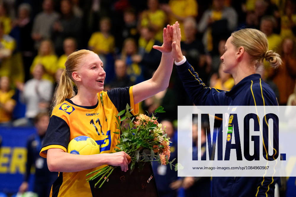 Handball, International Friendly, Sweden vs. Brazil, October 24, 2024: Tyra Axnér of Sweden celebrates after the international friendly handball match between Sweden and Brazil on October 24, 2026 in Jönköping. Photo by Carl Sandin, BILDBYRÅN, code CS CS0996: handball, Swedish national handball team, Sweden, Brazil, women s handball, celebration