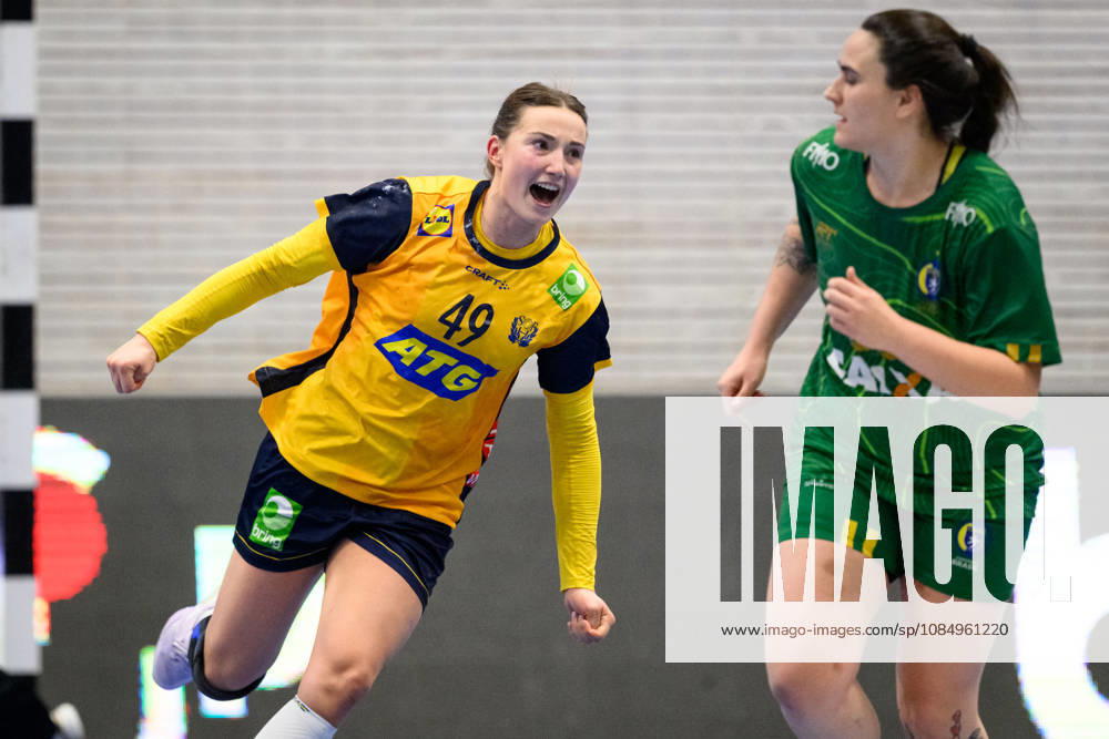 Handball, International Friendly, Sweden vs. Brazil, October 24, 2024: Olivia Löfqvist of Sweden celebrates during the international friendly handball match between Sweden and Brazil on October 24, 2026 in Jönköping. Photo by Carl Sandin, BILDBYRÅN, code CS CS0996. handball, Swedish national handball team, Sweden, Brazil, women s handball, celebration