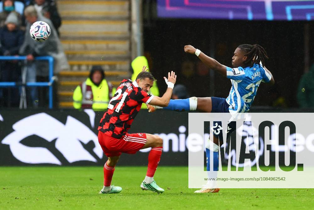 Timothy Castagne of Fulham and Brandon Thomas-Asante of Coventry City in action. Coventry City v Fulham, Premier League, Football, Coventry Building Society Arena, Coventry, UK - 24 Oct 2026Coventry Coventry Building Society Arena United Kingdom