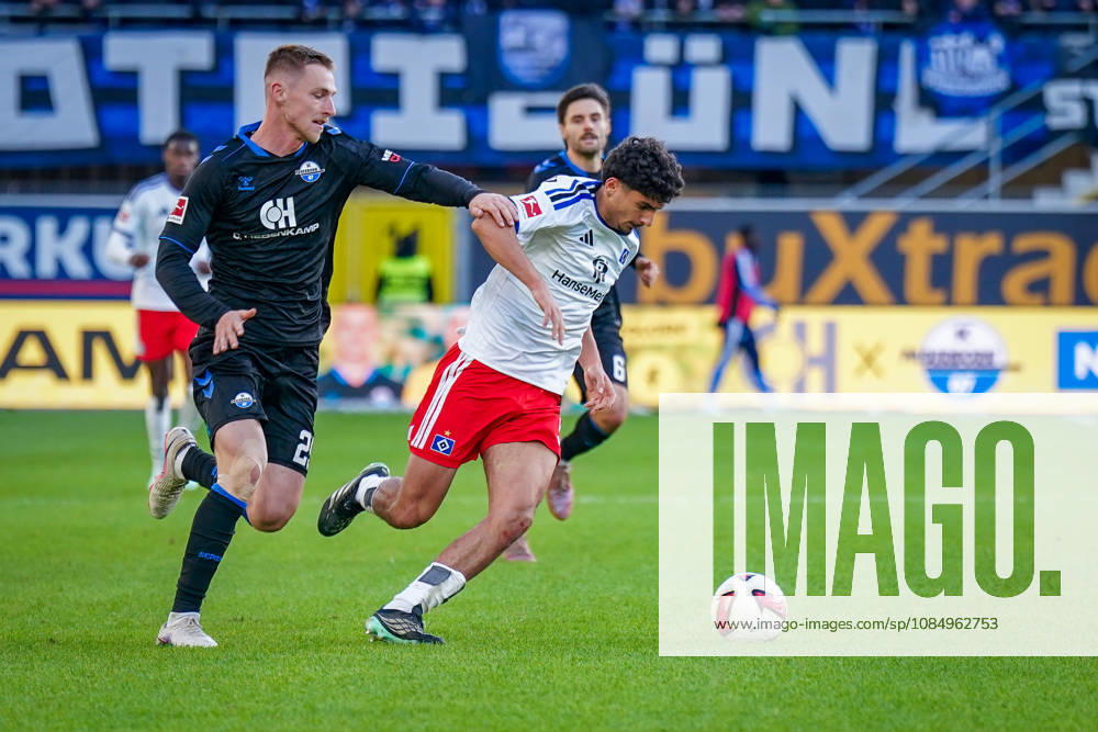 German Soccer Bundesliga 2026–2027, Matchday 7: SC Paderborn vs. Hamburger SV at Home Deluxe Arena in Paderborn; Martin Adeline (Hamburger SV) and Tjark Scheller (Paderborn) in a tackle, 25