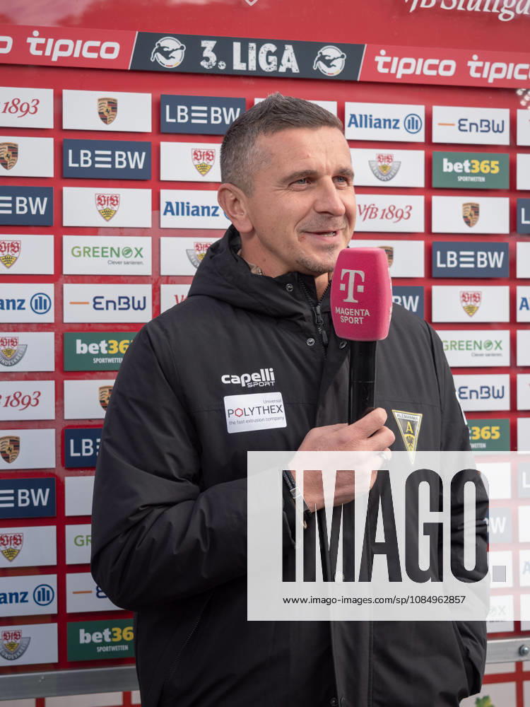 Pre-game interview: Coach Mersad Selimbegovic of TSV Alemannia Aachen at the microphone; statement; sponsor board; post-game report; gestures; GER; soccer; VfB Stuttgart II vs. Alemannia Aachen, 3rd Division, Matchday 11, Aspach, 2026–2027 season, October 24, 2026 GER, soccer, VfB Stuttgart II vs. Alemannia Aachen, 3rd Division, Matchday 11, Aspach, 2026–2027 season, October 24, 2026 Aspach