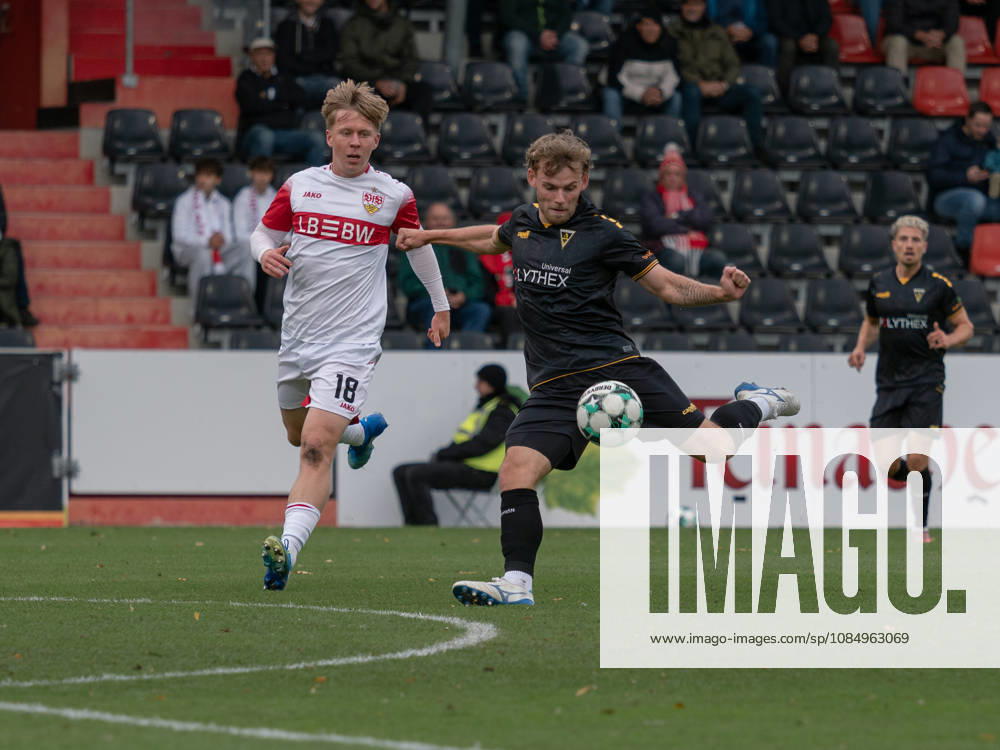 Shot on goal by Mika Schroers of TSV Alemannia Aachen, No. 27 in the penalty area, scoring chance, action in the box, offensive play, attack, goal threat GER, soccer, VfB Stuttgart II vs. Alemannia Aachen, 3rd Division, Matchday 11, Aspach, 2026–2027 season, October 24, 2026, GER, soccer, VfB Stuttgart II vs. Alemannia Aachen, 3. Liga, Matchday 11, Aspach, 2026–2027 season, October 24, 2026, Aspach