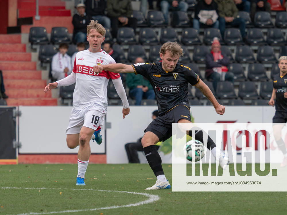 Shot on goal by Mika Schroers of TSV Alemannia Aachen, No. 27 in the penalty area, scoring chance, action in the box, offensive play, attack, goal threat GER, soccer, VfB Stuttgart II vs. Alemannia Aachen, 3rd Division, Matchday 11, Aspach, 2026–2027 season, October 24, 2026, GER, soccer, VfB Stuttgart II vs. Alemannia Aachen, 3. Liga, Matchday 11, Aspach, 2026–2027 season, October 24, 2026, Aspach