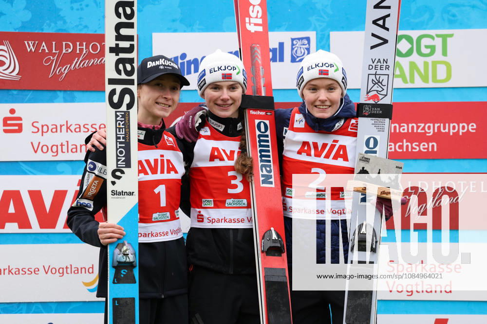Ski Jumping, Women, FIS Summer Grand Prix, 2026 Season, Individual Final Podium, from left: Nika Prevc (SLO), Ingvild Synnoeve Midtskogen (NOR), Eirin Maria Kvandal (NOR), Klingenthal Vogtland Arena, Saxony, Germany