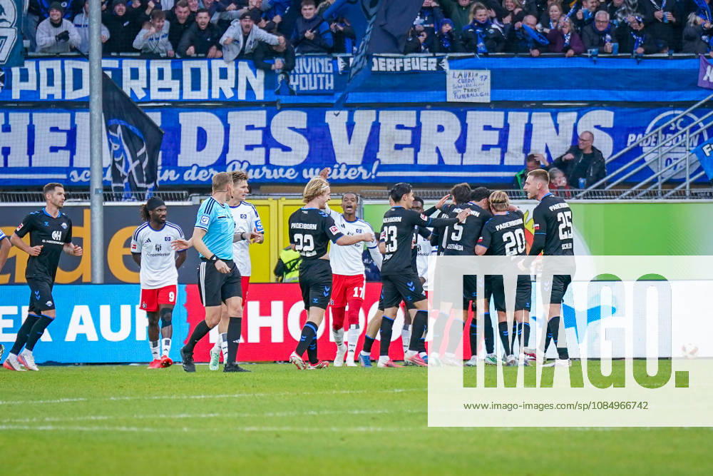 German Soccer Bundesliga 2026–2027, Matchday 7: SC Paderborn vs. Hamburger SV at Home Deluxe Arena, Paderborn. Goal and celebration following the 1–0 score by Rayan Philippe for Paderborn. Joy, emotion, and cheering.
