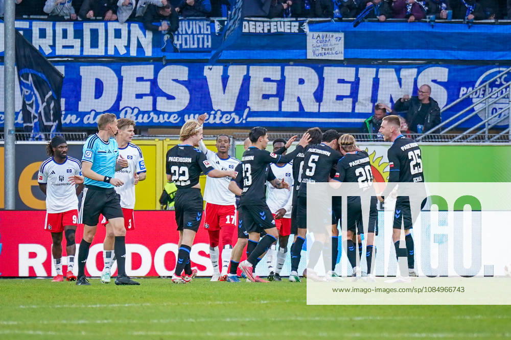 German Soccer Bundesliga 2026–2027, Matchday 7: SC Paderborn vs. Hamburger SV at Home Deluxe Arena, Paderborn. Goal and celebration following the 1–0 score by Rayan Philippe for Paderborn. Joy, emotion, and cheering.