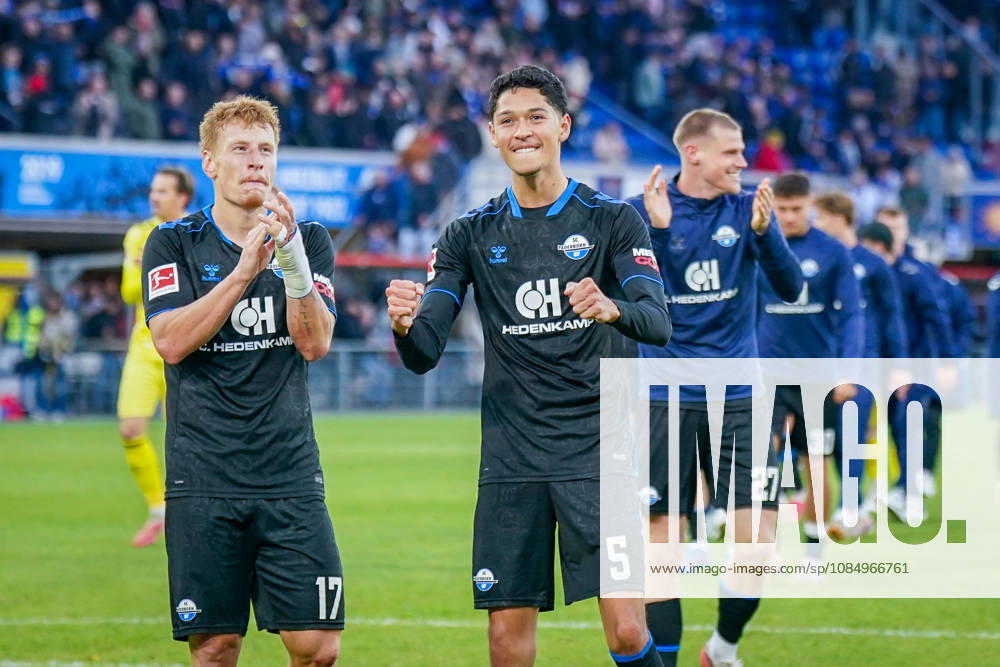 Germany Soccer Bundesliga 2026–2027, Matchday 7: SC Paderborn vs. Hamburger SV at Home Deluxe Arena in Paderborn—joy, excitement, and jubilation after the home victory. Laurin Curda (Paderborn 17), Santiago Castaneda (Paderborn 5), and Steffen Tigges (Paderborn 27) celebrate.