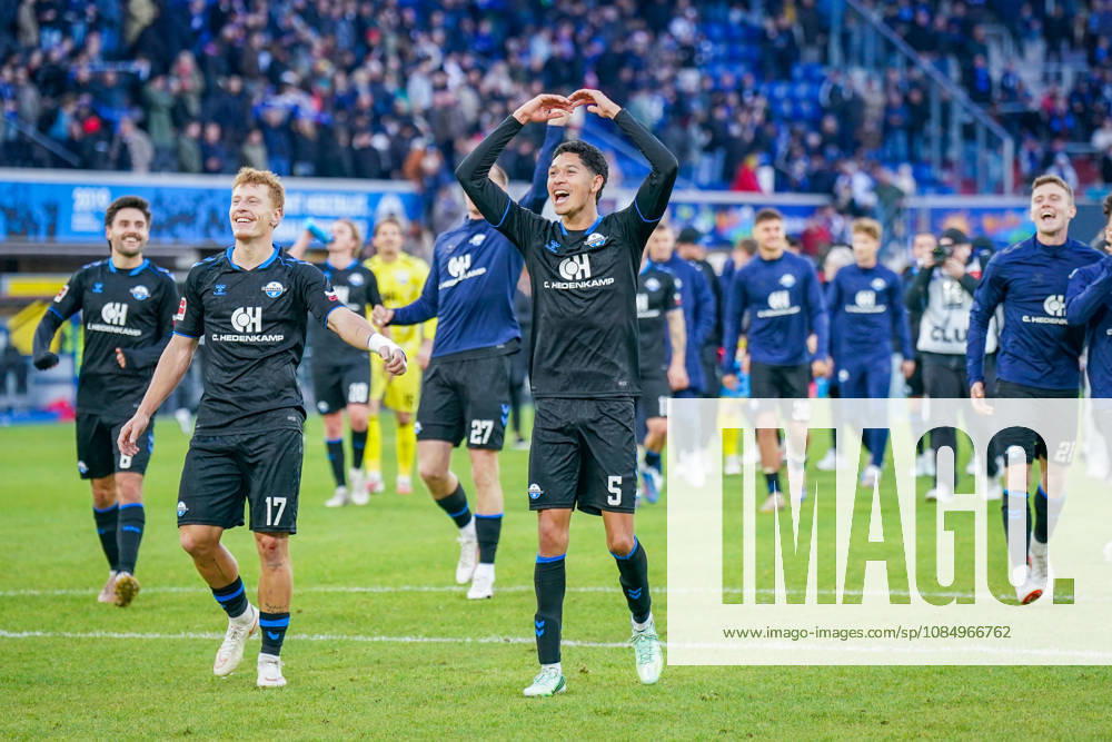 German Soccer Bundesliga 2026–2027, Matchday 7: SC Paderborn vs. Hamburger SV at Home Deluxe Arena in Paderborn—Joy, Excitement, and Celebrations After the Home Win; Santiago Castaneda (Paderborn) Scores the 5th Goal with a Gesture