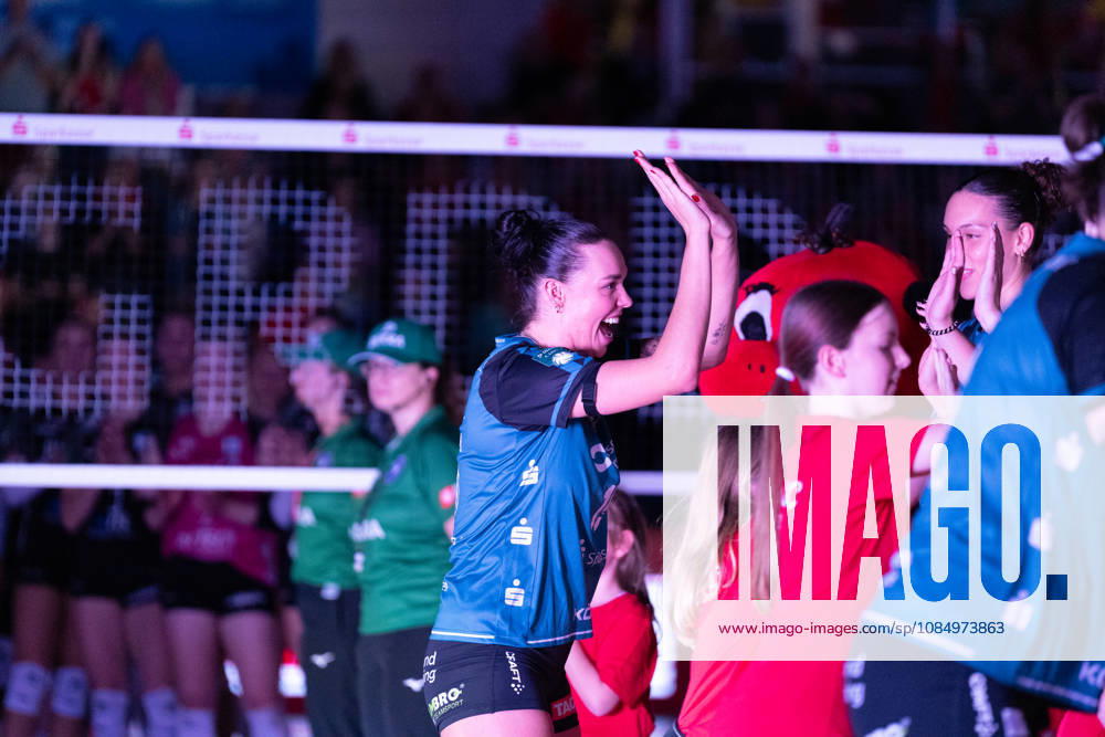 Pictured: Players entering the court—Lena Kindermann 13, Dresdner SC 24, October 10, 2026; Dresdner SC Binder Blaubären vs. TSV Flacht; DEKRA 1 Bundesliga Women; Volleyball; Germany; Dresden; Cyberport Arena