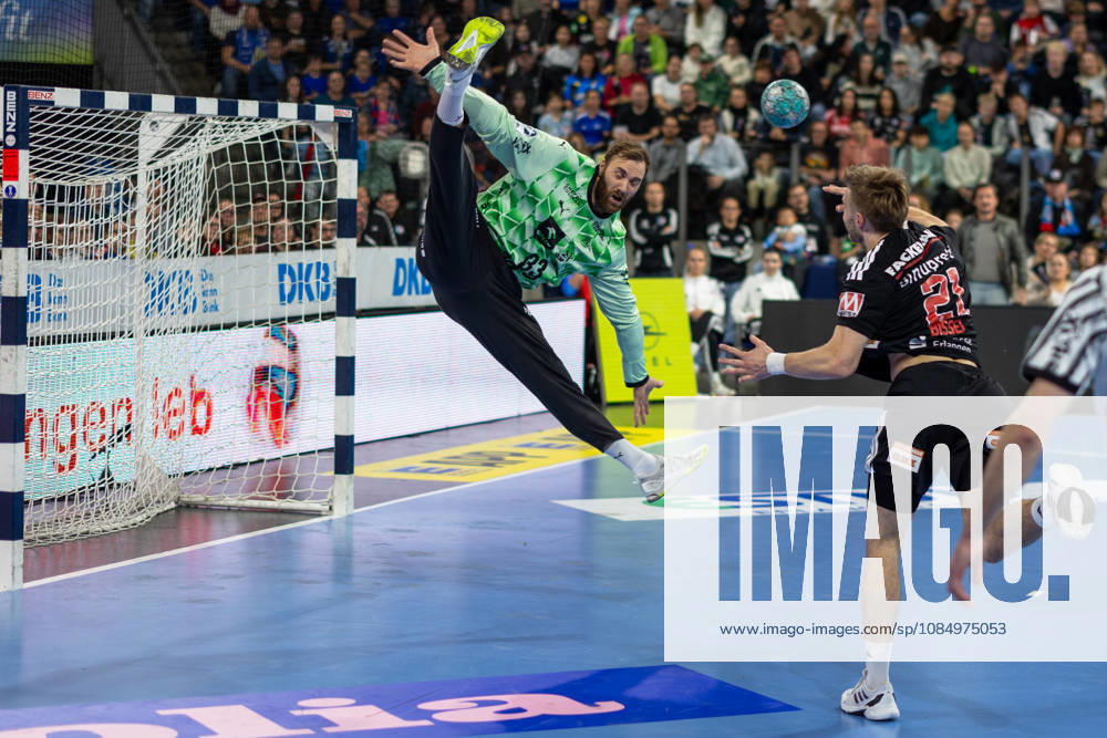Shot by Christopher Bissel (HC Erlangen), No. 21, on Andreas Wolff (THW Kiel), No. 33, GER, HC Erlangen vs. THW Kiel, Handball, Opel Handball Bundesliga, Matchday 10, 2026–2027 season, October 24, 2026 GER, HC Erlangen vs. THW Kiel, Handball, Opel Handball Bundesliga, Matchday 10, 2026–2027 season, October 24, 2026 Nuremberg
