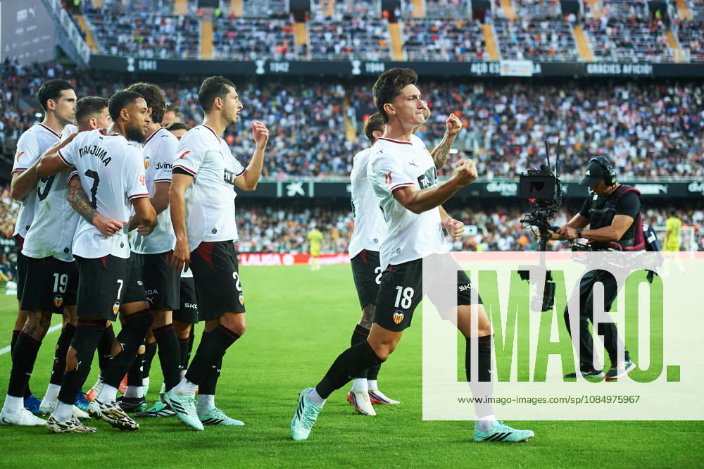A Valencia CF player celebrates after scoring his team s first goal during the LaLiga EA Sports match between Valencia CF and Villarreal CF at Mestalla on October 24, 2026, in Valencia, Spain