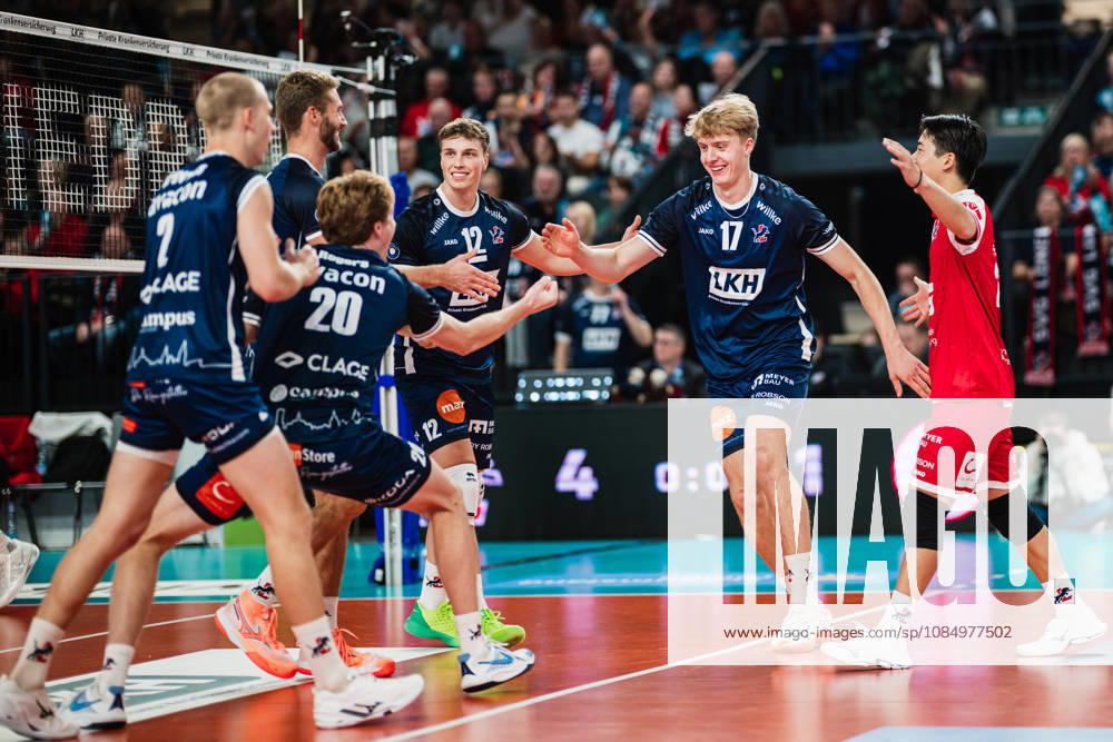 VBL: SVG Lüneburg vs. SV Warnemünde, October 24, 2026—SVG Lüneburg celebrates. Volleyball, Bundesliga, Matchday 2: SVG Lüneburg vs. SV Warnemünde on October 24, 2026, at the LKH Arena in Lüneburg