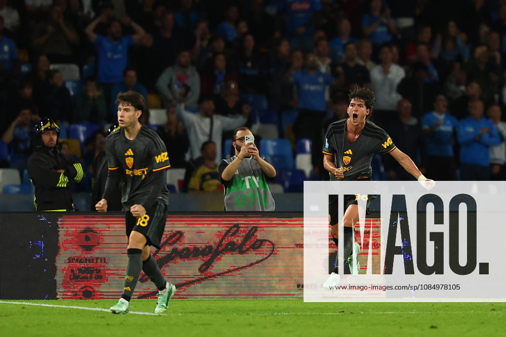 Roma’s Leonardo Balerdid celebrates after scoring goal 3-3 uring the Serie A soccer match between Napoli and Roma at the Diego Armando Maradona Stadium in Naples, southern italy - Saturday , October 24, 2026. - Soccer .
