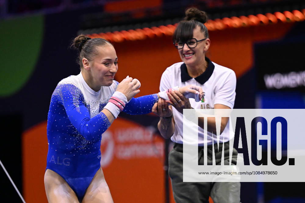 IPA90122697 - NEMOUR Kaylia (ALG) celebrates her uneven bars routine with her coach during the 54th Artistic Gymnastics World Championships in Rotterdam, Netherlands, on October 24, 2026