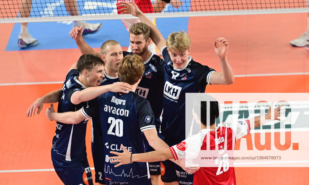 Germany, Volleyball, Men s, 1st Division, Matchday 2, 2026–2027 Season, Lüneburg, SVG Lüneburg vs. SV Warnemünde; the Lüneburg team celebrates; Lüneburg LKH Arena, Lower Saxony, Germany