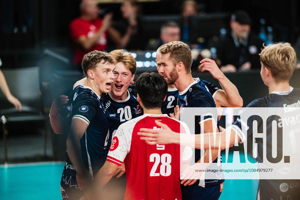 VBL SVG Lüneburg vs. SV Warnemünde, October 24, 2026 SVG Lüneburg celebrates, Santeri Välimaa 12, SVG Lüneburg, Patrick Kyle Rogers 20, SVG Lüneburg, Shane Holdaway 1, SVG Lüneburg Volleyball, Bundesliga, Matchday 2, SVG Lüneburg vs. SV Warnemünde on October 24, 2026, at the LKH Arena, Lüneburg