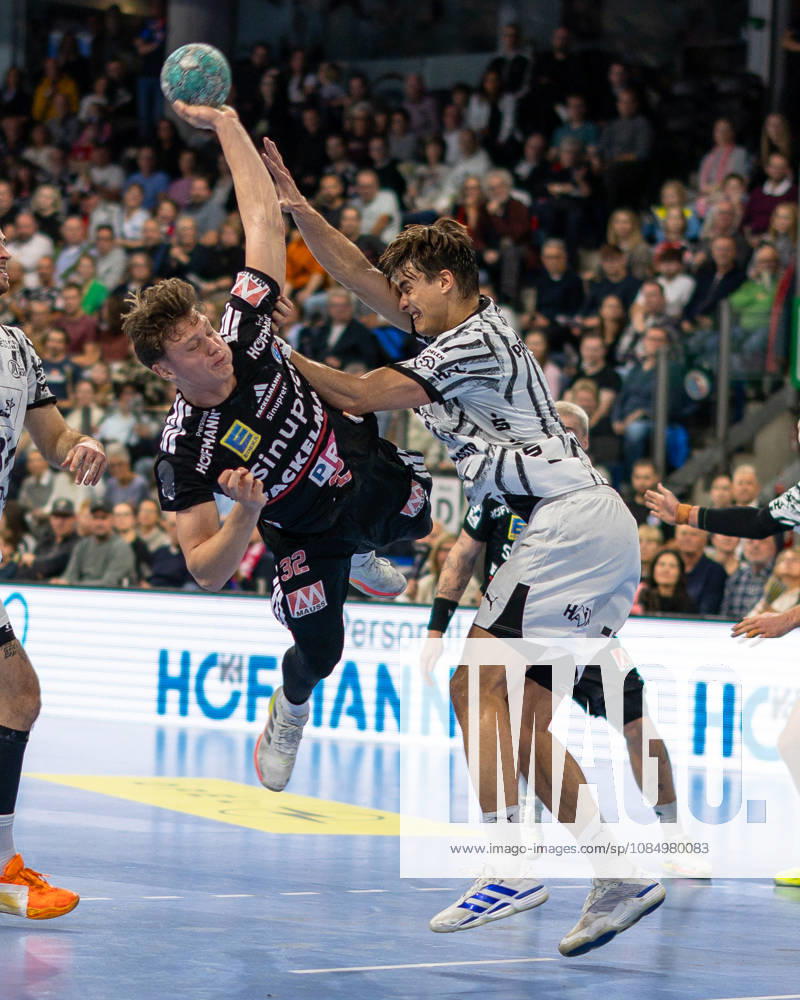 Maxsim Lochman (HC Erlangen), 32, blocked by Julian Koester (THW Kiel), 07 GER, HC Erlangen vs. THW Kiel, Handball, Opel Handball Bundesliga, Matchday 10, 2026–2027 season, October 24, 2026, GER, HC Erlangen vs. THW Kiel, Handball, Opel Handball Bundesliga, Matchday 10, 2026–2027 season, October 24, 2026, Nuremberg