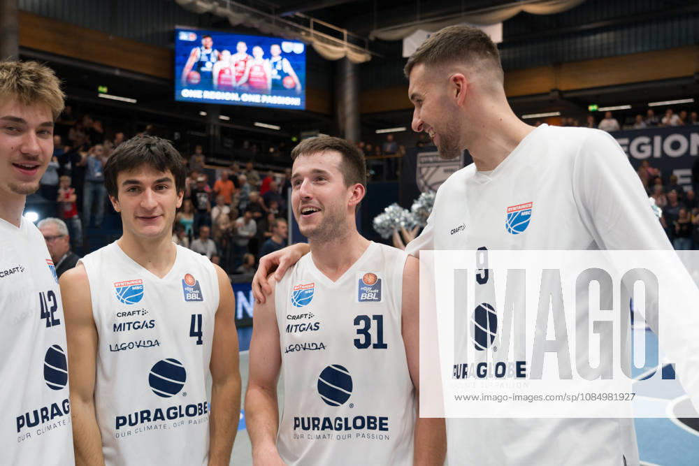 Mika Siegert (MBC), 42, Vuk Radojicic (MBC), 4, Spencer Reaves (MBC), 31, and Kresimir Nikic (MBC), 9, celebrate the 103–98 overtime home victory in the Syntainics MBC vs. Rostock Seawolves game, BBL, Men’s Basketball 1st Bundesliga, Matchday 6 of the 2026–27 season, October 24, 2026, Weißenfels Stadthalle, Saxony-Anhalt, Germany