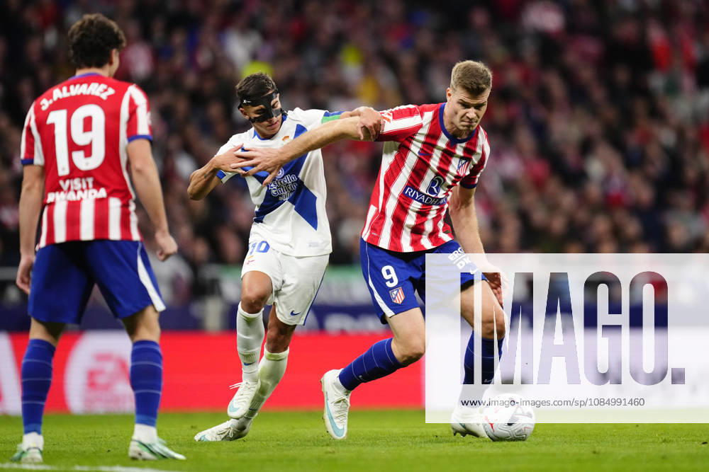 Atletico de Madrid v RC Deportivo de A Coruna - LaLiga EA Sports 2026 27 Alexander Sorloth centre-forward of Atletico de Madrid and Norway and Yeremay Hernandez left winger of Deportivo A Coruna and Spain compete for the ball during the LaLiga EA Sports 2026 27 match between Atletico de Madrid and RC Deportivo de A Coruna at Riyadh Air Metropolitano on October 24, 2026 in Madrid, Spain. Madrid Spain