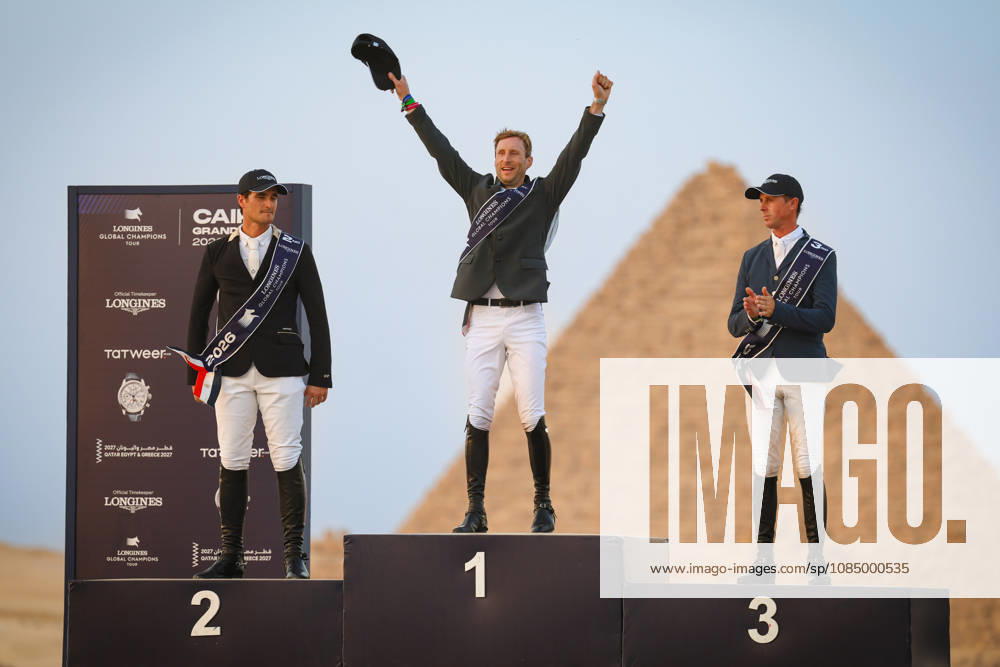 LONGINES Global Champions Tour - CAIRO 2026 The Winners Pieter Devos, Olivier Philippaerts and Ben Maher at the Grand Prix Equestrian show jumping by the Pymarids of Giza at Longines Global Champions Tour of Cairo Cairo Cairo EGYPT