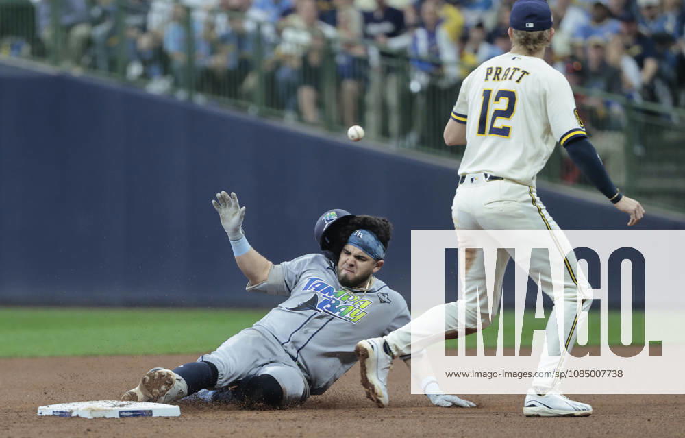 Tampa Bay Rays Jonathan Aranda (8) slides into second base past Milwaukee Brewers shortstop Cooper Pratt (12) after hitting a double in the fifth inning during game two of the 2026 MLB, Baseball Herren, USA World Series at American Family Field in Milwaukee, Wisconsin, on Saturday, October 24, 2026. MIL20261024731 TANNENxMAURY
