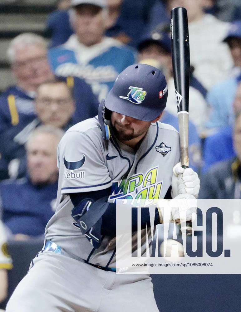 Tampa Bay Rays Liam Hicks (34) is hit by a pitch from Milwaukee Brewers pitcher DL Hall (37) in the sixth inning during game two of the 2026 MLB, Baseball Herren, USA World Series at American Family Field in Milwaukee, Wisconsin, on Saturday, October 24, 2026. MIL20261024733 TANNENxMAURY