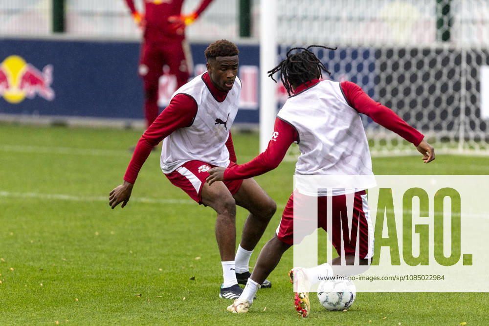 GER, Leipzig, Soccer, RB Leipzig public training session—pictured from left: Abdoul Kone (RB Leipzig 02), Johan Bakayoko (RB Leipzig 11), tackle on October 25, 2026, RB Leipzig Training Academy, Cottaweg, Leipzig; DFL, DFB regulations prohibit any use of photographs as image sequences and or quasi-video,