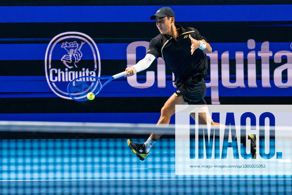 BASEL, SWITZERLAND, OCTOBER 25 — Rinky Hijikata of Australia hits a forehand against Yannick Hanfmann of Germany during Day 2 of the Swiss Indoors Basel at St. Jakobshalle on October 25, 2026, in Basel, Switzerland