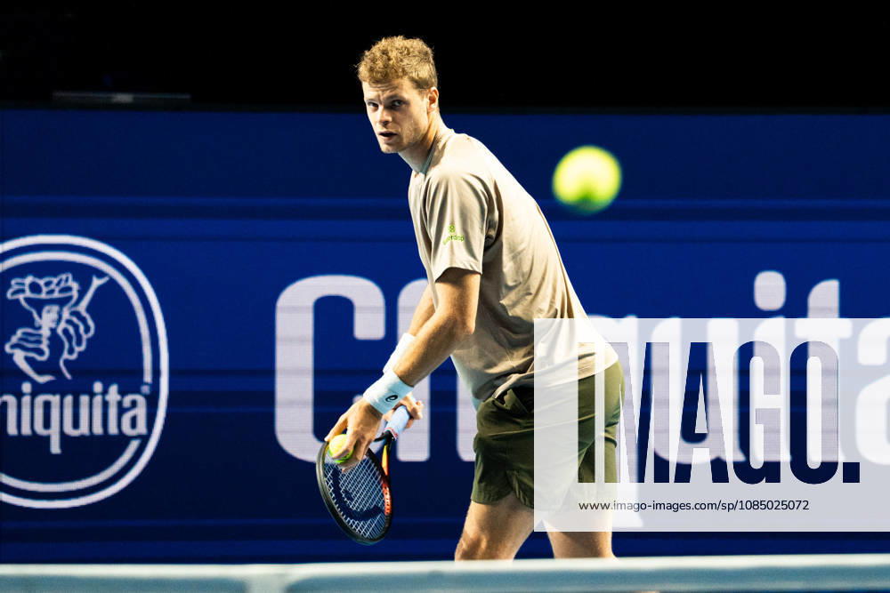 BASEL, SWITZERLAND, OCTOBER 25 Yannick Hanfmann of Germany warming up against Rinky Hijikata of Australia during Day 2 of the Swiss Indoors Basel at St. Jakobshalle on October 25, 2026, in Basel, Switzerland