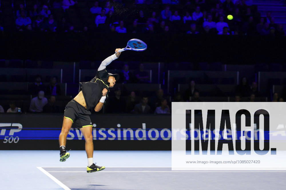 25th October 2026; St. Jakobshalle, Basel, Switzerland; ATP, Tennis Herren Tennis, Swiss Indoors Basel, Day 2; Qualifying final; Rinky Hijikata of Australia serves AnthonyxBenoit