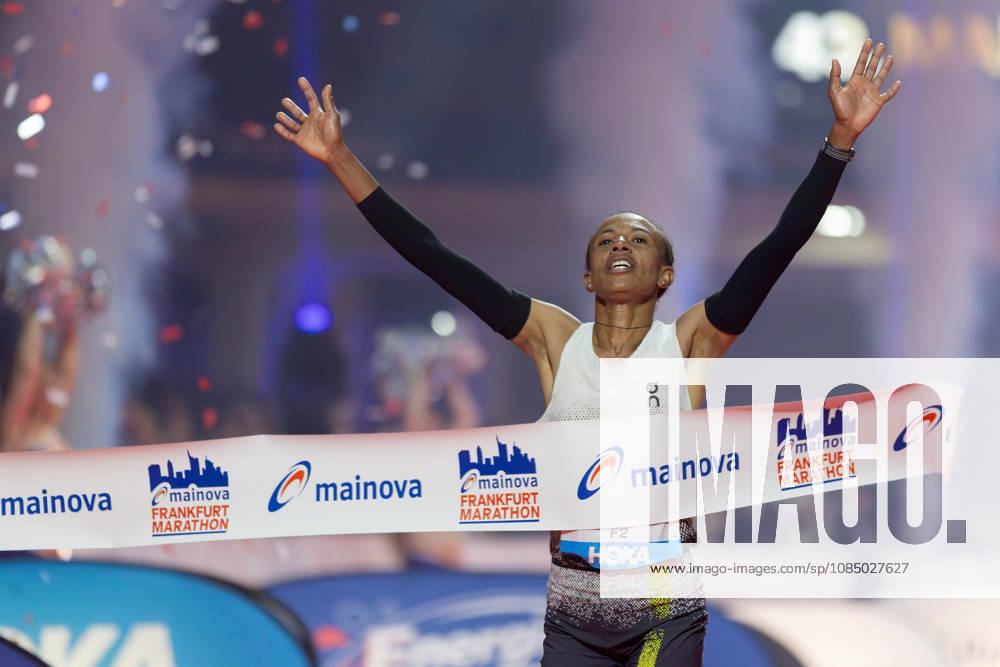 Mainova Frankfurt Marathon 2026: Zeineba Yimer of Ethiopia is the first woman to cross the finish line at the Mainova Frankfurt Marathon on October 25, 2026, in Frankfurt am Main, Frankfurt am Main, Hesse, Germany; Festhalle, race course