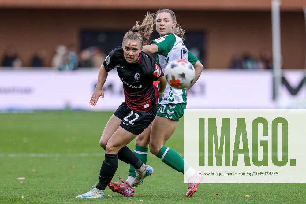 From left: Lisa Kolb (SC Freiburg), 22, and Michelle Weiß (SV Werder Bremen), 15, in a one-on-one battle; duel; dynamic; action; game scene, DFB REGULATIONS PROHIBIT ANY USE OF PHOTOGRAPHS AS SEQUENCE IMAGES AND OR VIDEO-LIKE PHOTO SERIES DFB REGULATIONS PROHIBIT ANY USE OF PHOTOGRAPHS AS IMAGE SEQUENCES AND OR QUASI-VIDEO, October 25, 2026, Bremen, Germany, soccer, Google Pixel Women’s Bundesliga, SV Werder Bremen, SC Freiburg