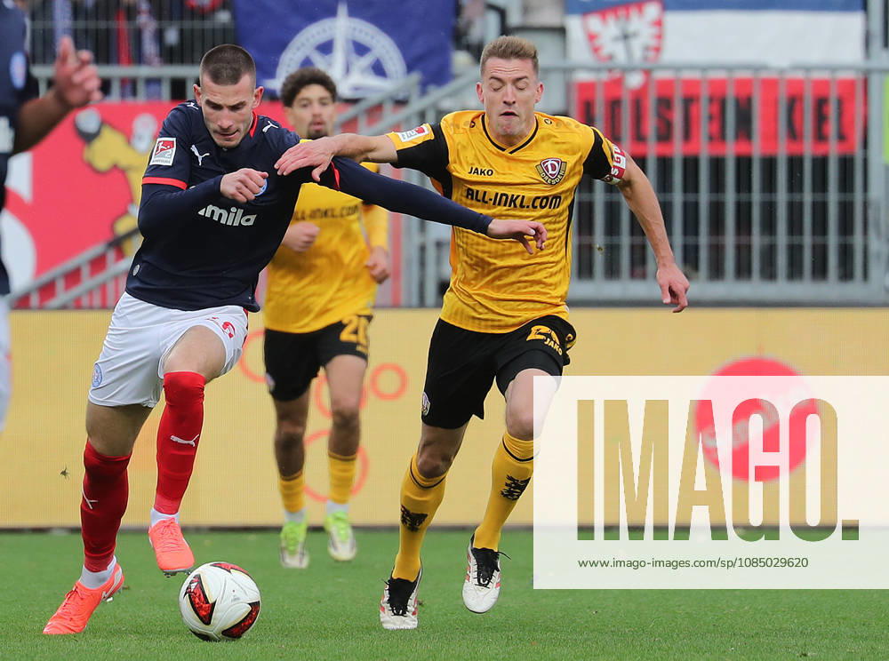 David Zec, Holstein Kiel; Niklas Hauptman, Dynamo Dresden; Soccer, Men s, 2026–2027 Season, 2. Bundesliga, Holstein Stadium, Holstein Kiel vs. Dynamo Dresden. DFL regulations prohibit any use of photographs as image sequences and or quasi-video.