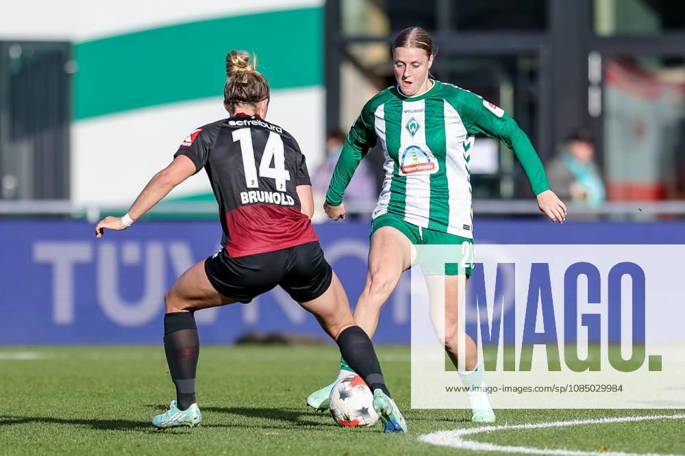 Carina Brunold (SC Freiburg, 14) and Sarah Gutmann (SV Werder Bremen, 27) in a one-on-one battle, duel, dynamic moment, action, game scene, DFB REGULATIONS PROHIBIT ANY USE OF PHOTOGRAPHS AS SEQUENCE IMAGES AND OR VIDEO-LIKE PHOTO SERIES DFB REGULATIONS PROHIBIT ANY USE OF PHOTOGRAPHS AS IMAGE SEQU, October 25, 2026, Bremen, Germany, soccer, Google Pixel Women’s Bundesliga, SV Werder Bremen vs. SC Freiburg