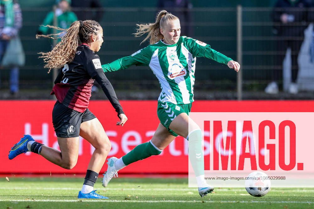 V li Nicole Ojukwu, SC Freiburg, 6, and Isabella Jaron, SV Werder Bremen, 11, in a one-on-one, duel, dynamic moment, action, game scene, DFB REGULATIONS PROHIBIT ANY USE OF PHOTOGRAPHS AS SEQUENCE IMAGES AND OR VIDEO-LIKE PHOTO SERIES DFB REGULATIONS PROHIBIT ANY USE OF PHOTOGRAPHS AS IMAGE SEQU, October 25, 2026, Bremen, Germany, soccer, Google Pixel Women’s Bundesliga, SV Werder Bremen vs. SC Freiburg