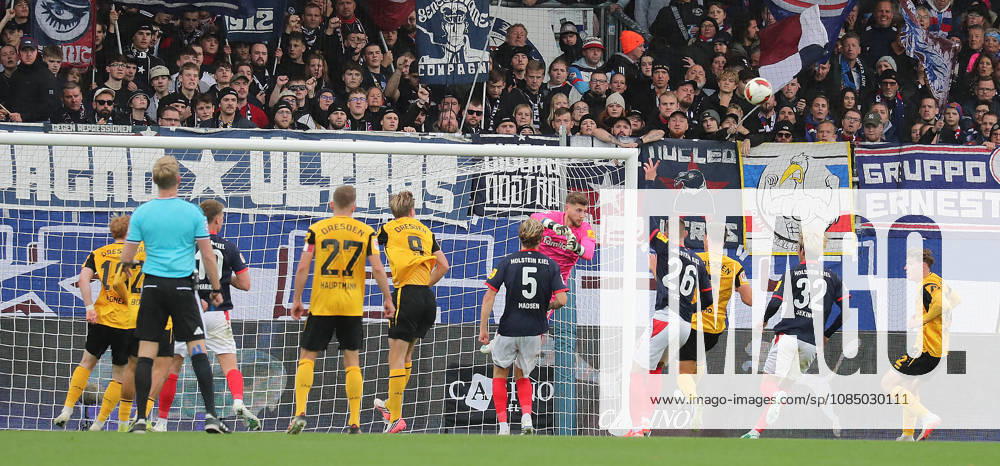 Goalkeeper Timon Weiner of Holstein Kiel clears the ball with his fist. Soccer, Men s, 2026–2027 Season, 2. Bundesliga, Holstein Stadium, Holstein Kiel vs. Dynamo Dresden DFL REGULATIONS PROHIBIT ANY USE OF PHOTOGRAPHS AS IMAGE SEQUENCES AND OR QUASI-VIDEO