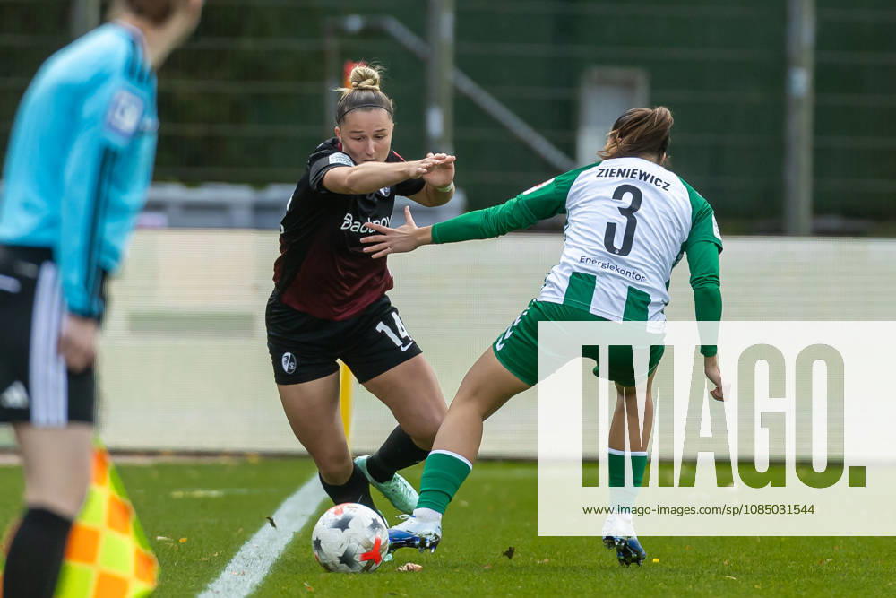Bremen, Germany, October 25, 2026: Carina Brunold of SC Freiburg and Wiktoria Zieniewicz of SV Werder Bremen go head-to-head during the Google Pixel Women’s Bundesliga match between SV Werder Bremen and SC Freiburg at Weserstadion, Field 11, on October 25, 2026, in Bremen. Photo by Mario Hommes, DeFodi Images. DFB and DFL regulations prohibit any use of photographs as image sequences and or quasi-video. Bremen, Germany, October 25, 2026. Carina Brunold of SC Freiburg and Wiktoria Zieniewicz of SV Werder Bremen in a tackle during the Google Pixel Women’s Bundesliga match between SV Werder Bremen and SC Freiburg at Weserstadion Platz 11 on October 25, 2026, in Bremen. Photo by Mario Hommes, DeFodi Images. DFB and DFL regulations prohibit any use of photographs as image sequences and or quasi-video. Photo by Mario Hommes, DeFodi Images