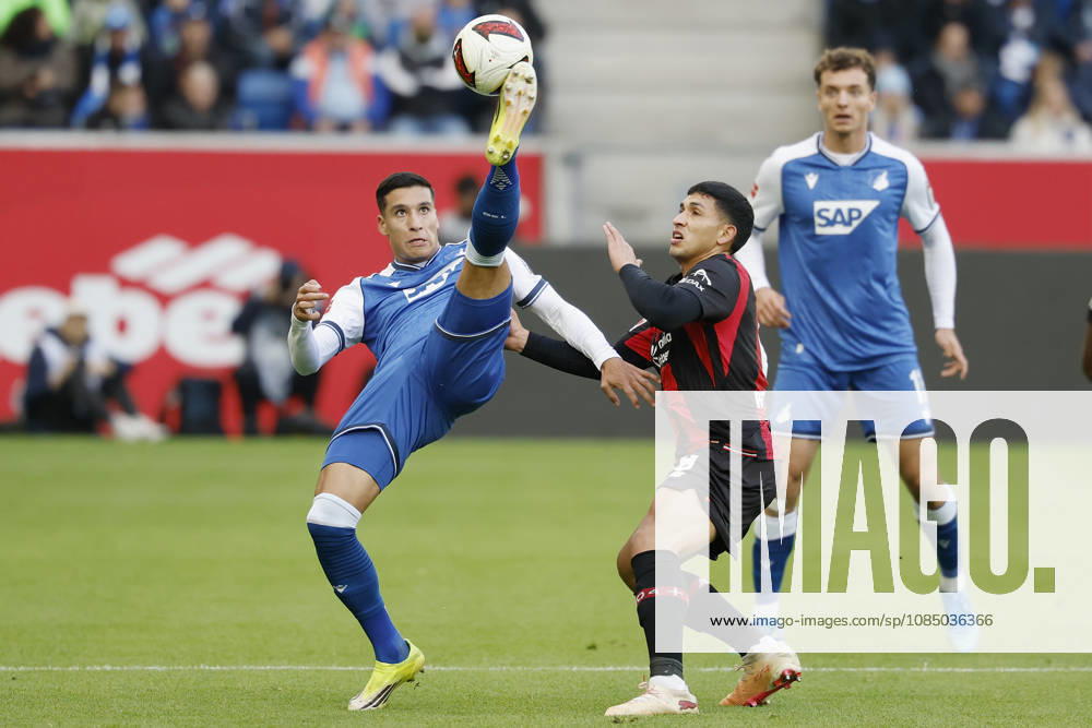 From left to right: Adam Daghim of TSG Hoffenheim and Equi Fernández of Bayer 04 Leverkusen, during the Bundesliga match between TSG 1899 Hoffenheim and Bayer 04 Leverkusen at the PreZero Arena, Sinsheim, Germany, on October 25, 2026, in action during the Bundesliga match between TSG 1899 Hoffenheim and Bayer 04 Leverkusen at the PreZero Arena, Sinsheim, Germany, on October 25, 2026. DFB and DFL regulations prohibit any use of photographs as image sequences and or quasi-video,