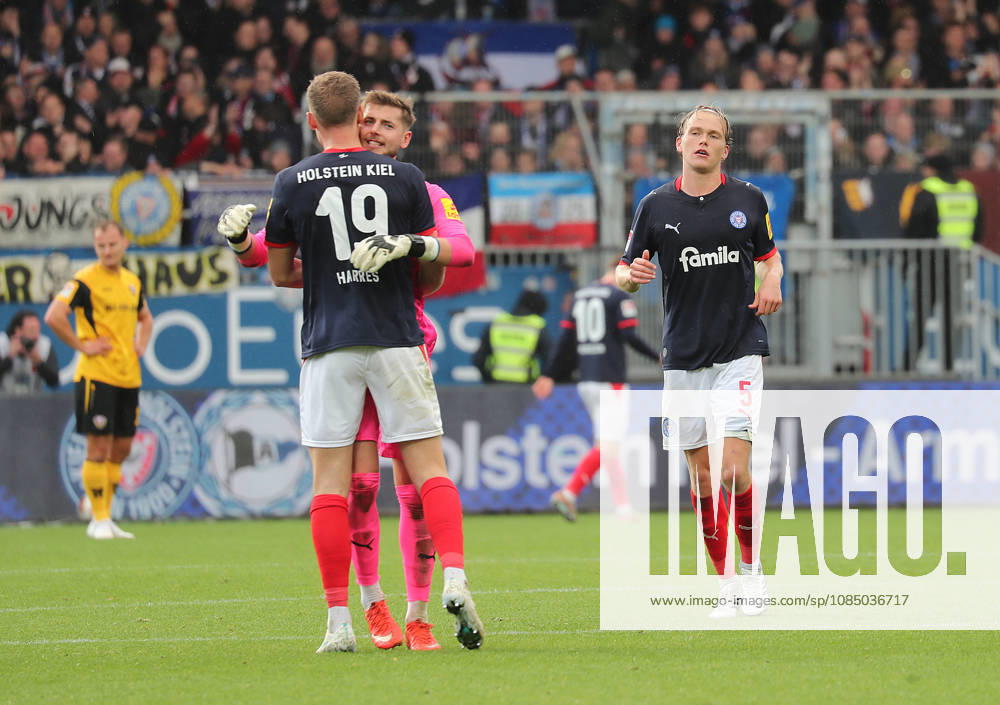 Celebration by goalkeeper Timon Weiner (Holstein Kiel), Phil Harres (Holstein Kiel), and Noah Madsen (Holstein Kiel) — Soccer, Men s, 2026–2027 Season, 2. Bundesliga, Holstein Stadium, Holstein Kiel vs. Dynamo Dresden, 3–0. DFL regulations prohibit any use of photographs as image sequences and or quasi-video.