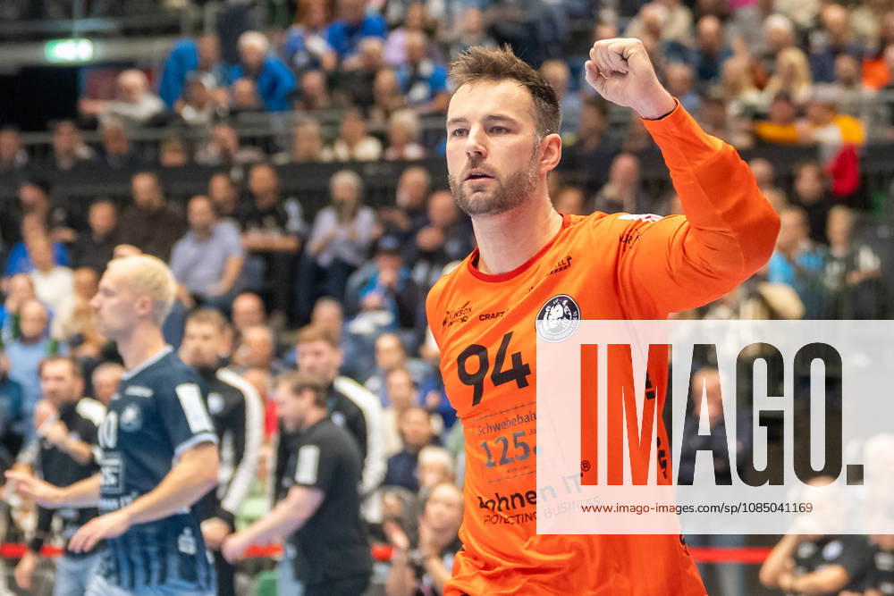 Kristian van der Merwe of Bergischer HC, 94, celebrates a successful defensive play. Bergischer HC vs. Handball Club Hamburg, Handball, Opel HBL, Matchday 10, 2026–2027 Season, October 25, 2026, Bergischer HC vs. Handball Club Hamburg, Handball, Opel HBL, Matchday 10, 2026–2027 season, October 25, 2026, Düsseldorf