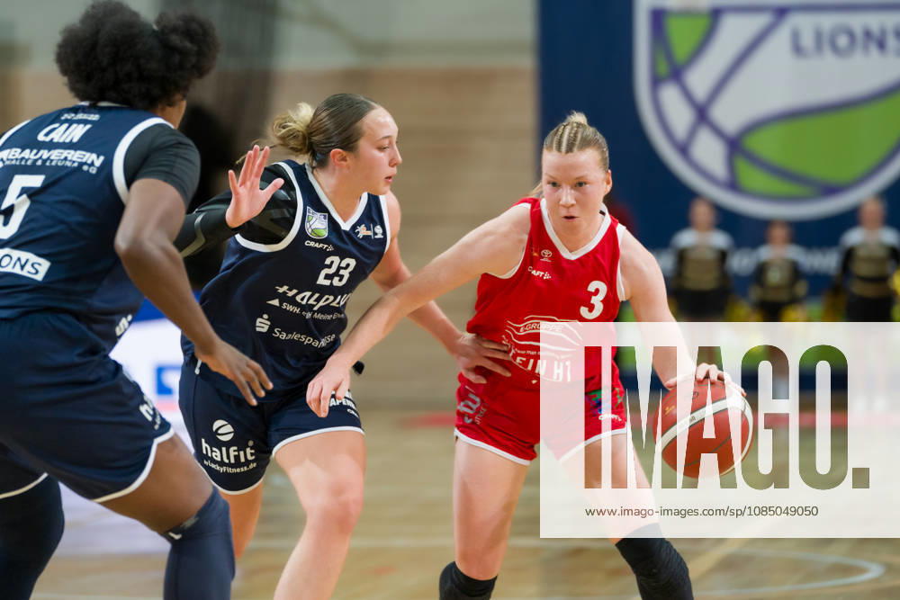 Khalis Cain (Lions), 5, Jordan King (Lions), 23, Sofie Fuglsang Olsen (HTC), 3, Halfit Lions vs. Herner TC, Women s Basketball, 1st Bundesliga, DBBL, Matchday 4, 2026–27 Season, October 25, 2026, SWH Arena, Halle, Saxony-Anhalt, Germany