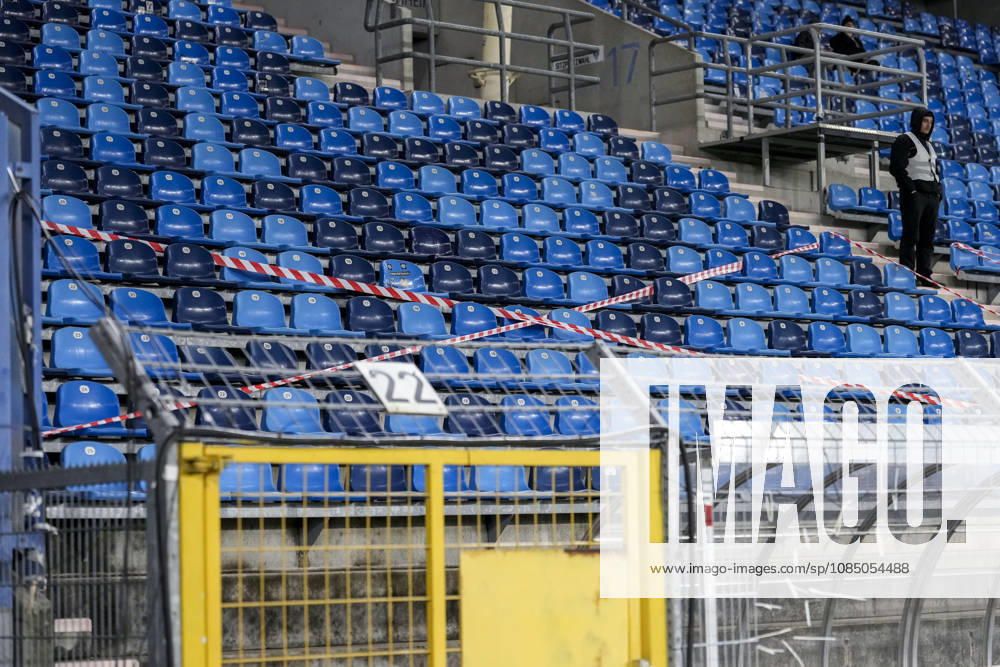 View of the empty Walter Spagerer Grandstand, where the lower sections are cordoned off; the fan section at the Carl Benz Stadium of SV Waldhof Mannheim following the partial spectator ban imposed by the DFB and the Sports Court; fewer spectators, empty stands, cordoned-off area, ban as a penalty against the club, spectator ban following the riots in the DFB Cup match against 1. FC Kaiserslautern, ruling following the cup match, fans, audience, spectators, lack of excitement, little atmosphere, stadium, October 25, 2026, Mannheim, Germany, soccer, 3rd Division, SV Waldhof Mannheim vs. TSG 1899 Hoffenheim II, DFB and DFL regulations prohibit any use of photographs as image sequences and or quasi-video