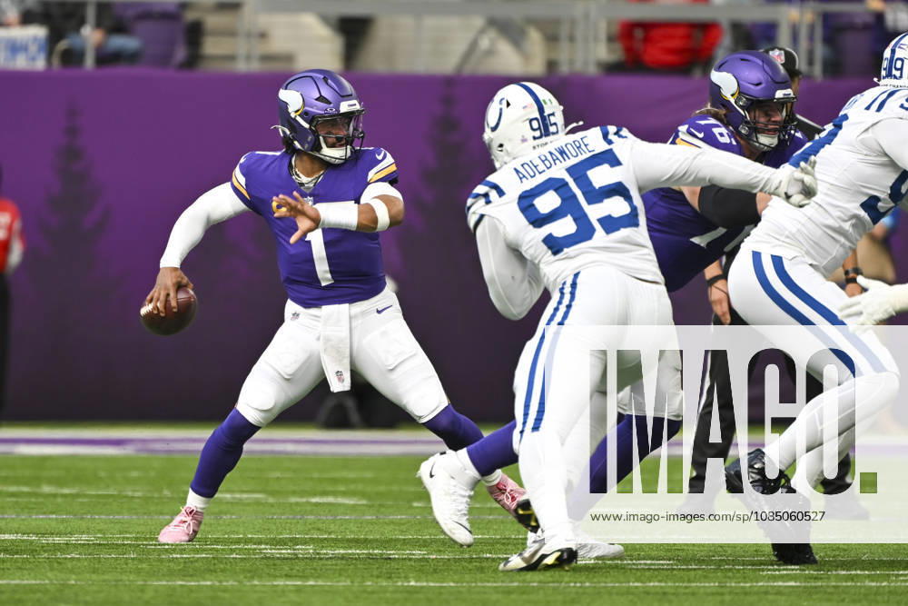 Minnesota Vikings quarterback Kyler Murray (1) throws as he s rushed by Indianapolis Colts defensive tackle Adetomiwa Adebawore (95) in the first quarter at U.S. Bank Stadium in Minneapolis, Minnesota on Sunday, October 25, 2026. MIN20261025104 CRAIGxLASSIG