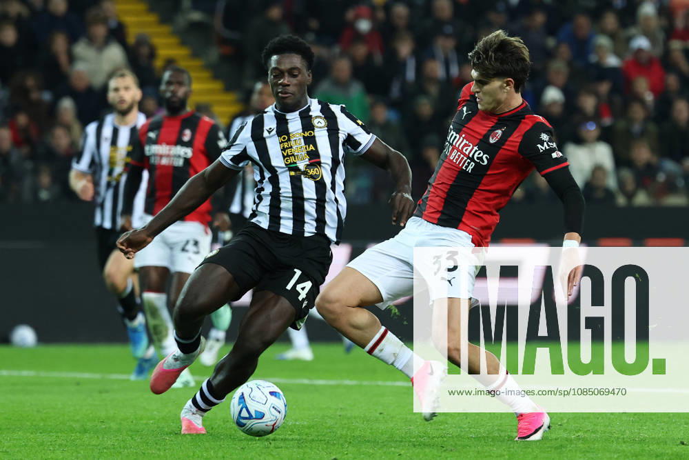 James Abankwah of Udinene Calcio and Davide Bartesaghi of AC Milan compete for the ball during the Serie A 2026 2027 football match between Udinese Calcio and AC Milan at Friuli Bluenergy stadium in Udine (Italy), October 25th, 2026. CesarexPurini