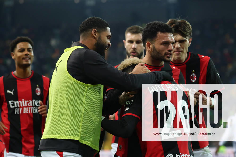 Omari Hutchinson of AC Milan celebrates with team mates after scoring the goal of 0-2 during the Serie A 2026 2027 football match between Udinese Calcio and AC Milan at Friuli Bluenergy stadium in Udine (Italy), October 25th, 2026. CesarexPurini