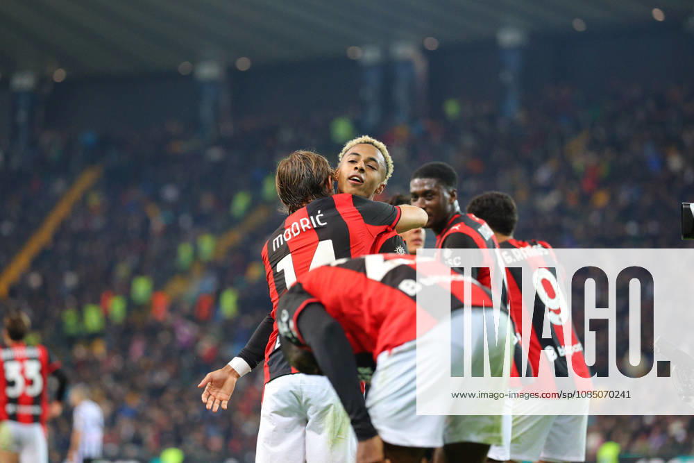IPA90183772 - AC Milan s Omari Hutchinson celebrates with AC Milan s Luka Modric after scoring a goal during the Serie A Enilive soccer match between Udinese and Milan at the Bluenergy Stadium in northeastern Italy on October 25, 2026.