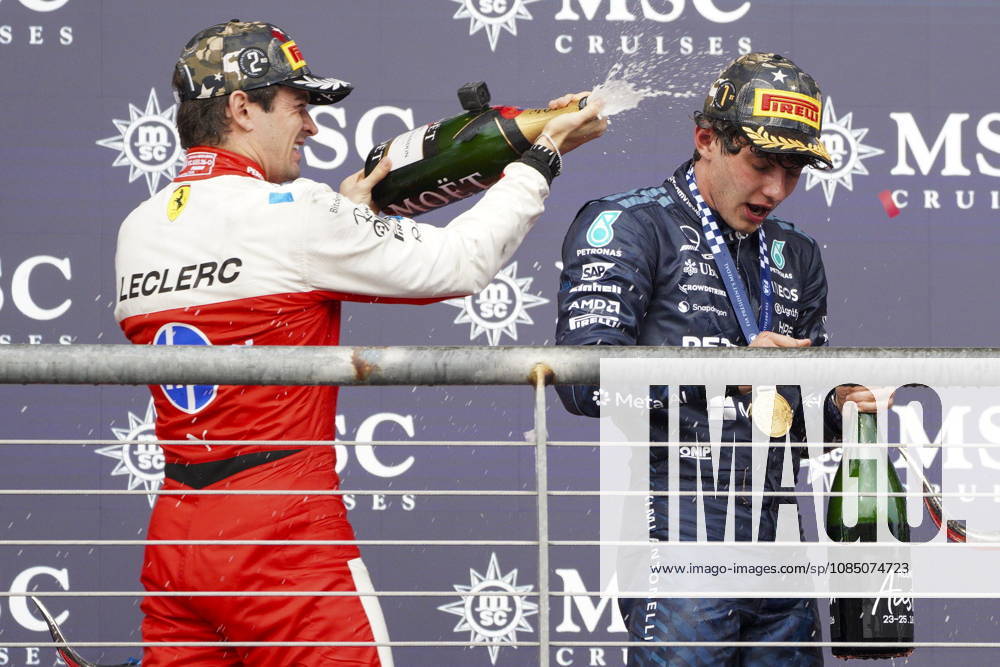 Formula One United States Grand Prix - Race Scuderia Ferrari driver Charles Leclerc (L) of Monaco and Mercedes driver Andrea Kimi Antonelli (R) of Italy celebrate on the podium following the 2026 Formula 1 United States Grand Prix at the Circuit of the Americas, in Austin, Texas, USA, 25 October 2026. AUSTIN TEXAS United States