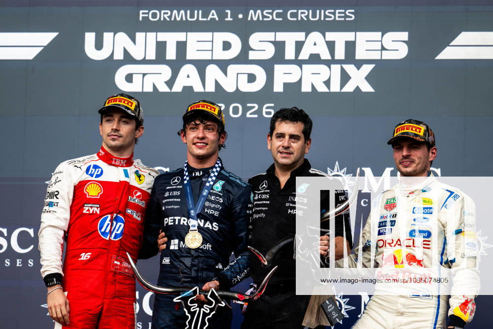 F1 - UNITED STATES GRAND PRIX 2026 KIMI ANTONELLI Andrea (ita), Mercedes AMG F1 Team W16, portrait LECLERC Charles (mco), Scuderia Ferrari SF-26, portrait VERSTAPPEN Max (nld), Red Bull Racing Ford RB22, portrait podium during the 2026 Formula 1 United States Grand Prix, 18th round of the 2026 Formula One World Championship, WM, Weltmeisterschaft from October 23 to 25, 2026 on the Circuit of the America, in Austin, Texas, United States of America - AustinUnited States