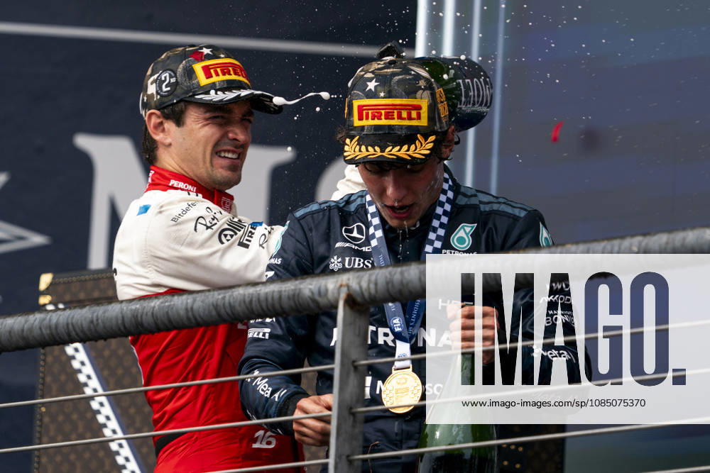 Monaco s Formula One driver Charles Leclerc of Scuderia Ferrari and Italian Formula One driver Andrea Kimi Antonelli of Mercedes-AMG Petronas spray champagne following the Formula One United States Grand Prix at the Circuit of the Americas in Austin, Texas on Sunday, October 25, 2026. AUS2026102541 GREGxNASH
