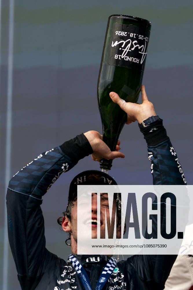 Italian Formula One driver Andrea Kimi Antonelli of Mercedes-AMG Petronas pours champagne on himself after winning the Formula One United States Grand Prix at the Circuit of the Americas in Austin, Texas on Sunday, October 25, 2026. AUS2026102542 GREGxNASH